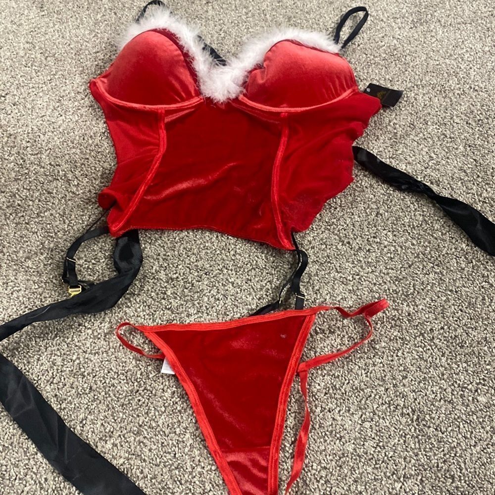 Christmas Lingerie Bra Bustier Set Red Velvet 3X Red